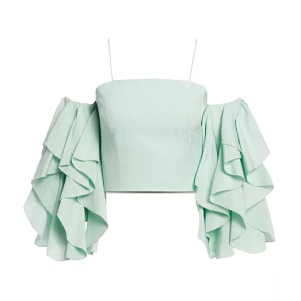 Alice and Olivia XS Mint green off the shoulder ruffle sleeve crop top